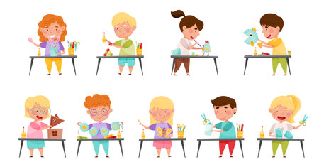 Inventive Kids Engaged in Upcycling Reusing Recyclable Materials Vector Setのイラスト素材