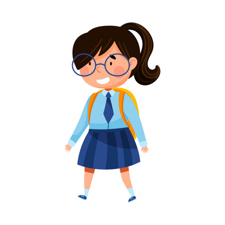 Little Schoolgirl in Blue Uniform and Backpack Walking to School Vector Illustrationのイラスト素材