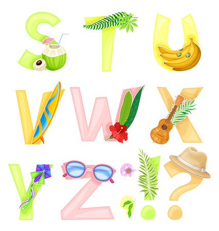 Bright Summer Alphabet with Sunny Season Attributes Vector Setのイラスト素材