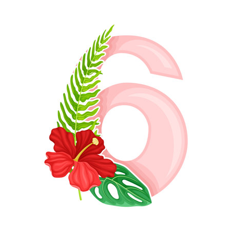 Pink Summer Number Six with Hibiscus Flower and Fern Leaf Vector Illustrationのイラスト素材