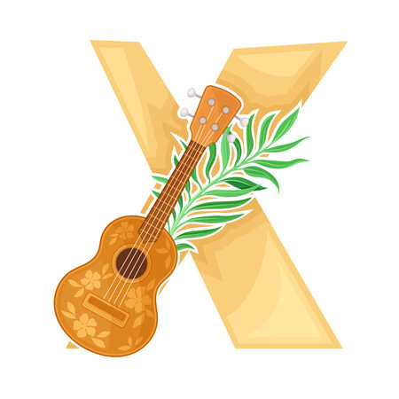 Capital Alphabetical Character X with Palm Leaf and Guitar as Hot Summer Season Symbol Vector Illustrationのイラスト素材