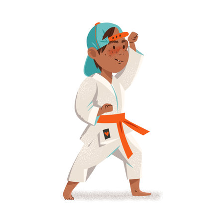 Athletic Boy in Cap Doing Karate or Judo Vector Illustrationの写真素材