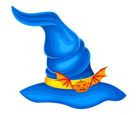 Witch Pointed Hat with Wide Brim and Strap with Bat Wings Vector Illustrationのイラスト素材