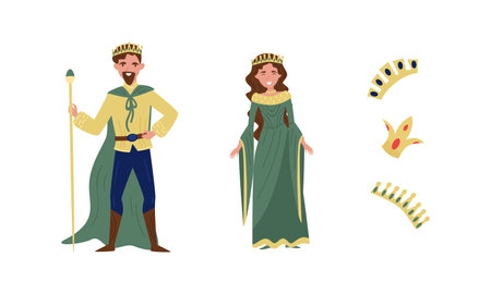 King and Queen Wearing Golden Crown as Fabulous Royal Family Vector Setのイラスト素材