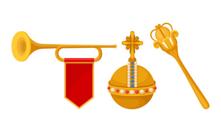 Monarchy Attributes with Golden Scepter and Trumpet Vector Setのイラスト素材