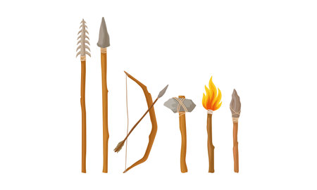 Stone Age Hunting Weapons with Stick and Spear Vector Setのイラスト素材