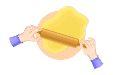 Human Hands Rolling Out Dough with Rolling Pin Above View Vector Illustrationのイラスト素材