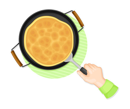 Human Hand Frying Pancakes Above View Vector Illustrationのイラスト素材