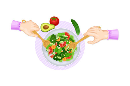 Hands Preparing Vegetable Salad Mixing Chopped Ingredient in Bowl Above View Vector Illustrationのイラスト素材