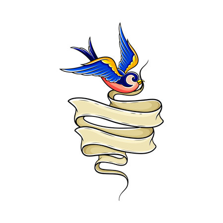 Old School Blue Swallow Holding Banner or Ribbon in Its Beak Vector Illustrationのイラスト素材