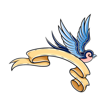 Old School Swallow with Bright Feathers and Ribbon Swirl Vector Illustrationのイラスト素材