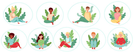 People Characters Sitting on the Ground with Floral Leaves Behind Vector Illustration Setのイラスト素材