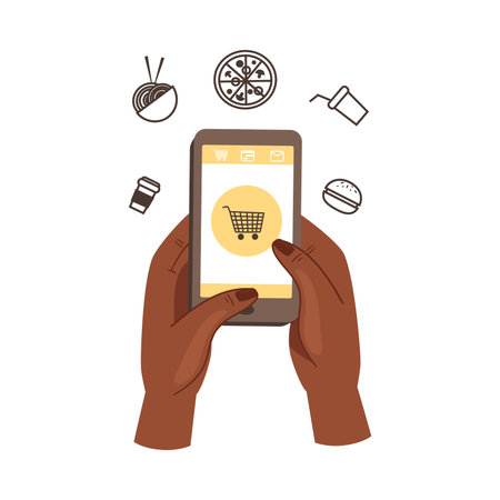 Hand Holding Phone Ordering Food Using Internet Vector Illustrationのイラスト素材