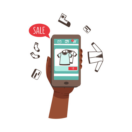 Hand Holding Phone Making Internet Purchase and Order Vector Illustrationのイラスト素材