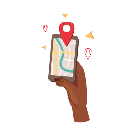 Hand Holding Phone with Navigator App Showing Route Vector Illustrationのイラスト素材