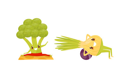 Funny Vegetables Doing Sport and Physical Exercise Vector Setのイラスト素材