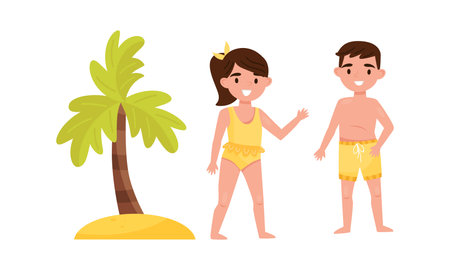 Boy, Girl and Palm Tree as Tropical Rest and Beach Resort Vector Setのイラスト素材