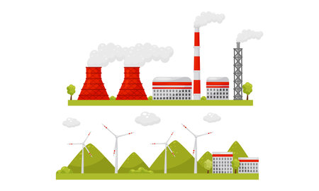 Alternative Energy Sources with Wind Generator and Waste Treatment Plant Vector Setのイラスト素材