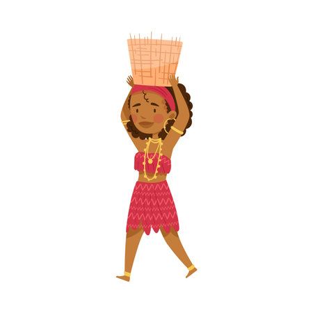 African Woman Character in Traditional Tribal Clothing Carrying Wicker Basket on Her Head Vector Illustrationのイラスト素材
