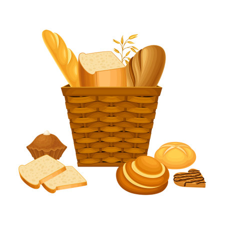 Wicker Basket Full with Bread and Sweet Pastry Vector Compositionのイラスト素材