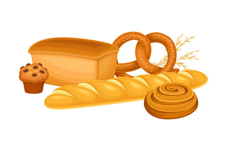 Loaves of Bread and Sweet Wheat Pastry Vector Compositionのイラスト素材