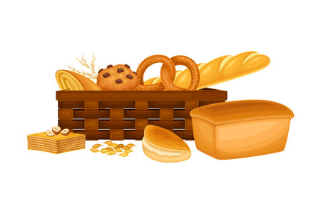 Wicker Basket Full with Bread and Sweet Pastry Vector Compositionのイラスト素材