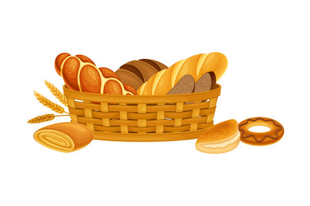 Wicker Basket Full with Bread and Sweet Pastry Vector Compositionのイラスト素材