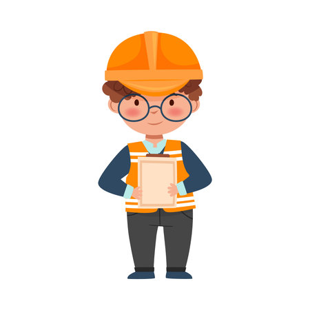 Little Boy Builder Wearing Hard Hat Holding Checklist Vector Illustrationのイラスト素材