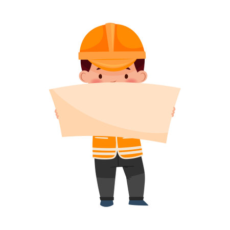 Funny Boy Builder in Hard Hat and Orange Vest Examining Draft Vector Illustrationのイラスト素材