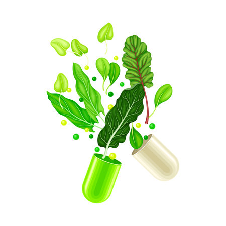 Open Hard-shelled Capsule with Green Vegetables as Vitamins and Supplement Vector Illustrationのイラスト素材