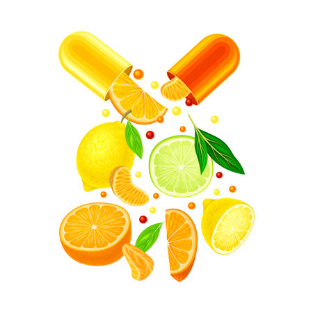 Open Hard-shelled Capsule with Citrus Fruits as Vitamins and Supplement Vector Illustrationのイラスト素材