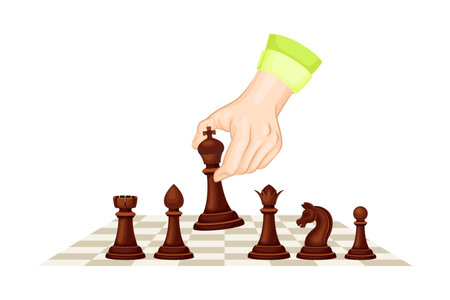Hand Moving Piece on Chessboard Playing Chess or Strategy Board Game Vector Illustrationのイラスト素材