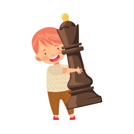 Little Boy Carrying Giant Black Queen Chess Piece or Chessman Vector Illustrationのイラスト素材