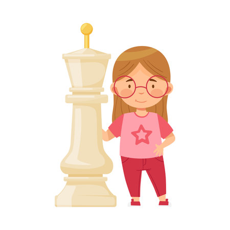 Little Girl Standing with Giant White King Chess Piece or Chessman Vector Illustrationのイラスト素材