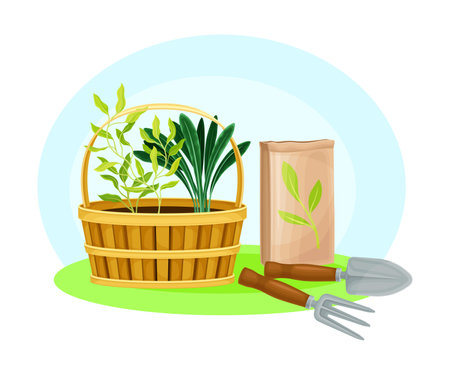 Garden Tools and Equipment with Spade and Fork for Soil Cultivation and Planting Vector Compositionのイラスト素材
