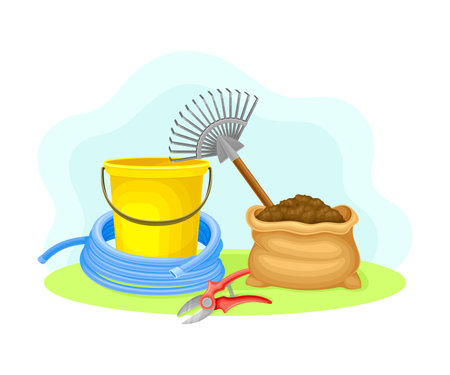 Garden Tools and Equipment with Bucket, Rake and Pruning Shears Vector Compositionのイラスト素材