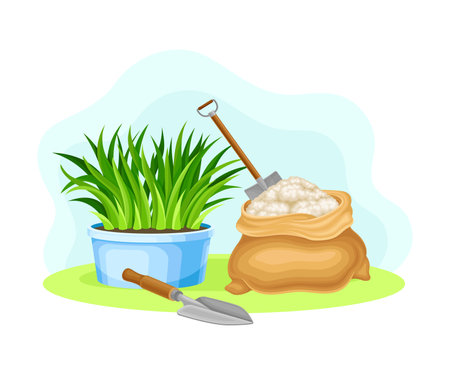 Iron Spade or Shovel in Fertilizer and Plant in Flowerpot as Garden Tools and Items Vector Compositionのイラスト素材