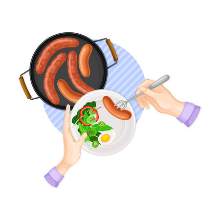 Hands Holding Fork and Eating Pasta with Cheese and Herbs Above View Vector Illustrationのイラスト素材