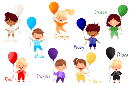 Cheerful Kids Holding Balloons of Different Colors Vector Setのイラスト素材
