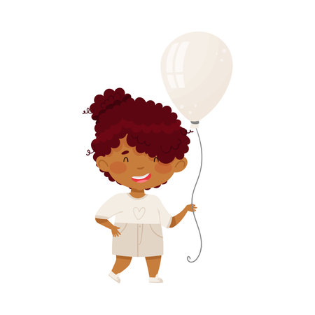 Smiling Girl in White Clothing Holding White Toy Balloon Vector Illustrationのイラスト素材