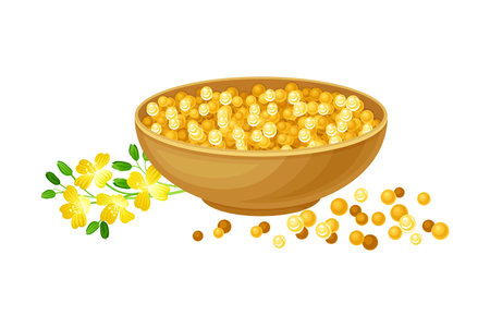Mustard Seeds Piled in Bowl with Plant Specie Rested Nearby Vector Illustrationのイラスト素材