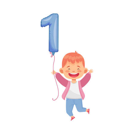 Jumping Boy Holding Blue Number Shaped Balloon by the String Vector Illustrationのイラスト素材