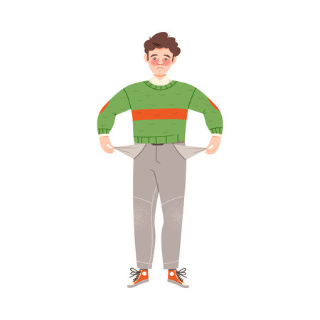 Sad Freckled Man Standing with Empty Pockets Vector Illustrationのイラスト素材