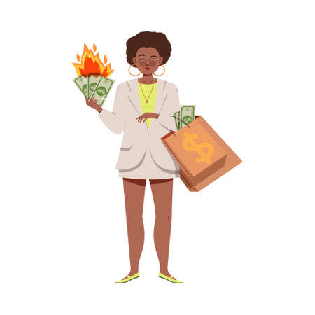 Woman with Shopping Bag Holding Burning Dollar Banknote as Money Spending Vector Illustrationのイラスト素材