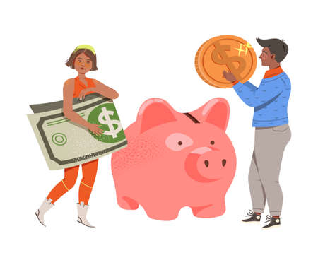 Man and Woman Putting Coin and Folded Dollar Banknote in Piggy Bank as Saving Money Vector Illustrationのイラスト素材