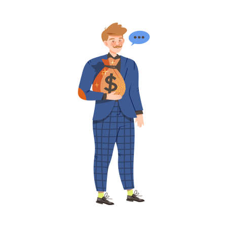 Male Holding Sack with Money Coins and Dollar Banknotes Vector Illustrationのイラスト素材