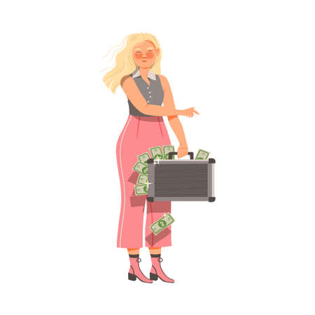 Female Holding Suitcase with Dollar Banknotes Vector Illustrationのイラスト素材