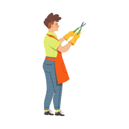 Young Man in Apron Holding Garden Pruner and Cutting Plant Vector Illustrationのイラスト素材