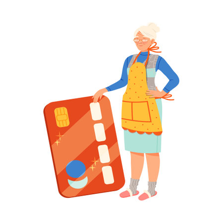 Senior Woman Holding Huge Bank Card Vector Illustrationのイラスト素材