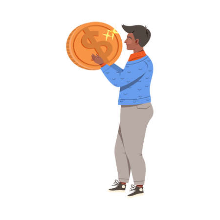 Man Holding Shiny Dollar Coin as Earning Gaining Vector Illustrationのイラスト素材